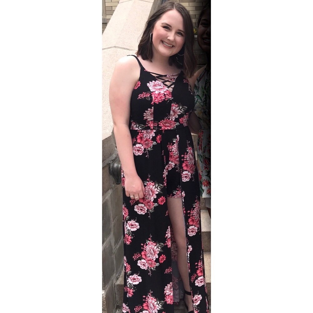 No Boundaries Black and Pink Floral Romper Dress